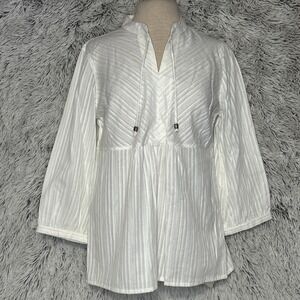 Cream Gold Lurex Tunic Top Small 3/4 Sleeve V Neck Tie Boho Chic Glam Casual NWT